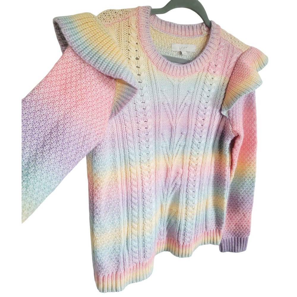 LOFT Women's Pastel Rainbow‎ Ruffle Shoulder Cable Knit Sweater Size L NWT